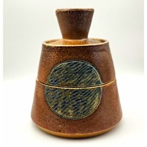 2 tier stoneware salt cellar/jar. Speckled  brown and blue glaze with top